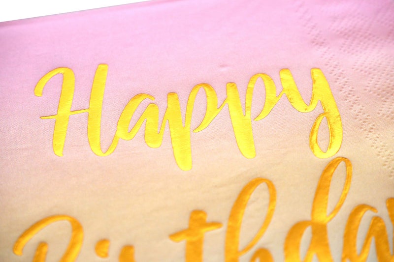 Partay Shenanigans Happy Birthday Napkins - 50 Pack Pastel Metallic Birthday Disposable Paper Napkins with Gold Foil Printing on Pink Yellow Blue Ombre Gradient for Cocktail Party Supplies - 6.5" x 6.5" inches - Image 4